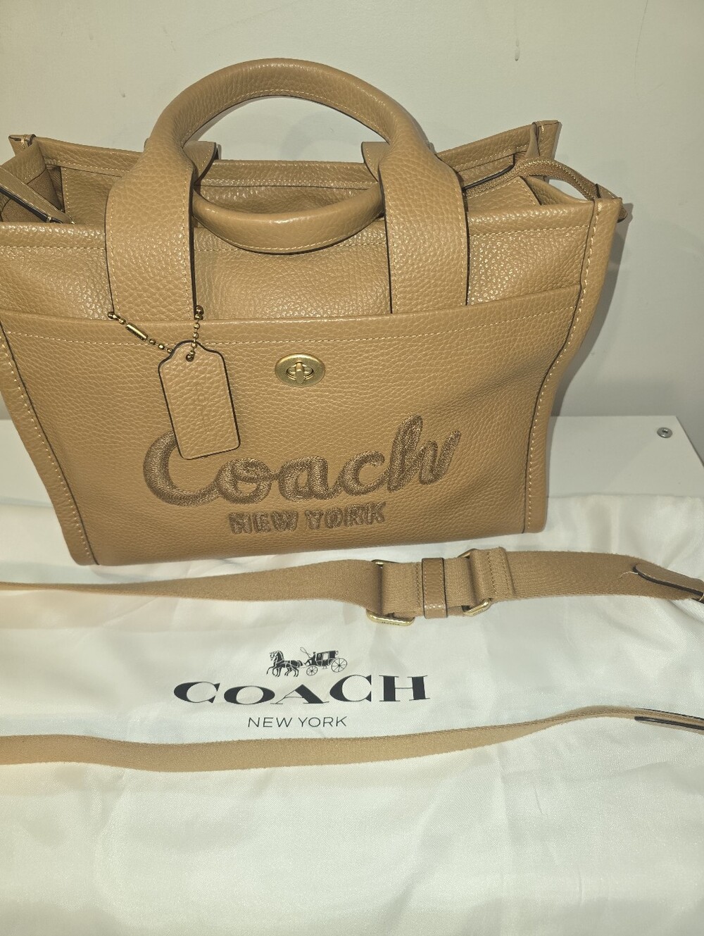 Coach Tan Pebble Leather Crossbody Shoulder Bag with Embossed Logo